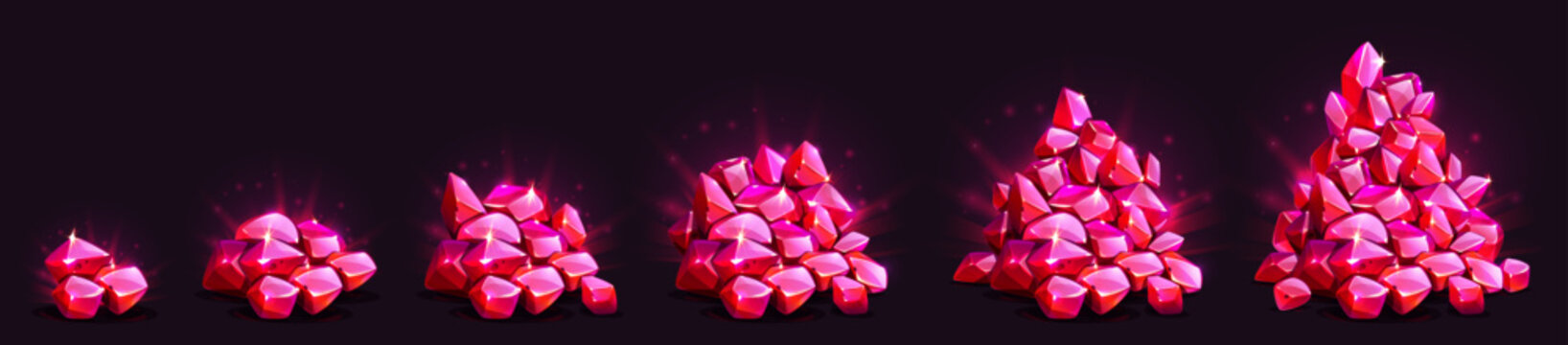 Gem Crystals Growing Pile Game Assets. Red Glow Gemstones, Mine Treasure Heap Evolution From Small To Large. Jewelry Graphic Elements, Ui Or Gui Pirate Loot, Trophy, Cartoon Vector Illustration, Set