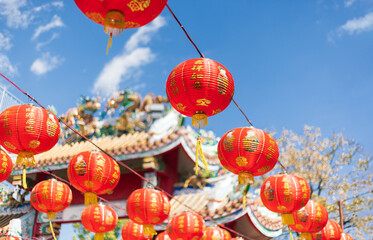Chinese new year lantern in chinatown area..Chinese alphabet Daji dali on Lantern meaning profitable trade - obrazy, fototapety, plakaty