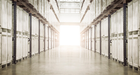 Interior Warehouse Space Storage of Tall Shelf. Warehouse Logistics. Distribution Supplies Storage Warehouse 	