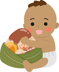 Baby boy and Chinese traditional food for Dragon Boat Festival: Zongzi, glutinous rice food wrapped in bamboo leaves