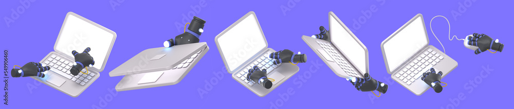 Poster 3d render robot hands with laptop, cyborg arms working on computer keyboard with mouse, closed and o
