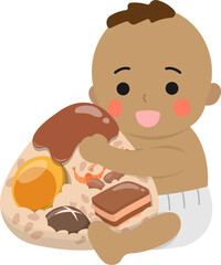 Baby boy and Chinese traditional food for Dragon Boat Festival: Zongzi, glutinous rice food wrapped in bamboo leaves