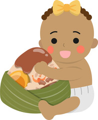 Baby girl and Chinese traditional food for Dragon Boat Festival: Zongzi, glutinous rice food wrapped in bamboo leaves