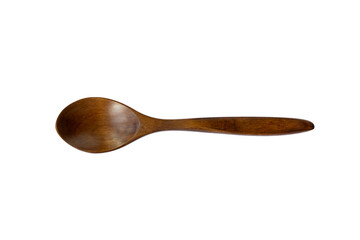 Top view of a dark wooden spoon on an insulated white background