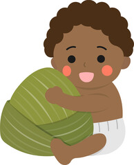 Baby boy and Chinese traditional food for Dragon Boat Festival: Zongzi, glutinous rice food wrapped in bamboo leaves