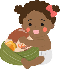 Baby girl and Chinese traditional food for Dragon Boat Festival: Zongzi, glutinous rice food wrapped in bamboo leaves