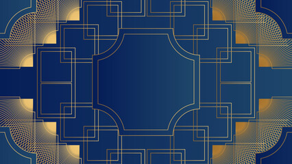 Art deco background with golden line and geometric shape on blue background. Design element for wedding template, greeting card, retro card, art deco line frame border. Vector illustration
