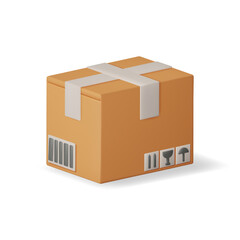 3D Carton Packaging Box Isolated on White. Render Cardboard Package with Cover. Postal Signs of Fragile. Carton Delivery Packaging. Presentation, Gift Transportation and Logistics. Vector Illustration