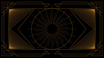 Art deco background with golden line and geometric shape on black background. Design element for wedding template, greeting card, retro card, art deco line frame border. Vector illustration