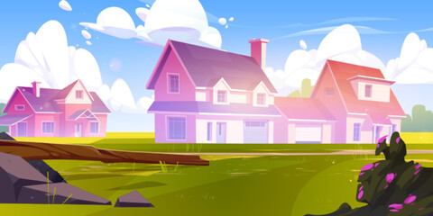 Suburb houses at summer landscape, suburban residential cottages, countryside two-storied buildings with garages, green lawn under beautiful blue cloudy sky, home facades. Cartoon vector illustration