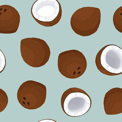 Seamless coconut pattern on pale blue. Cutaway coconut fruit. Coconut product packaging pattern