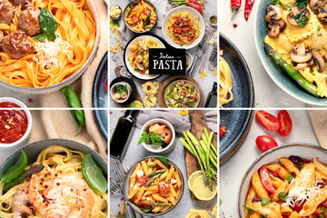 Collage made of Pasta assortment.