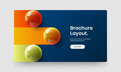 Clean company brochure design vector template. Vivid realistic spheres handbill layout.