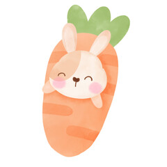 Cute cartoon rabbit with a carrot watercolor illustration 