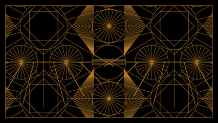 Art deco background with golden line and geometric shape on black background. Design element for wedding template, greeting card, retro card, art deco line frame border. Vector illustration