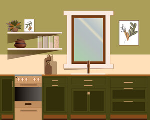 Kitchen, flat style. Green kitchen with stove, shelves, utensils and decor.