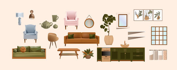 Furniture for the interior. Boho style, blue sofa, coffee table, tuned pattern set, lamp, blue armchair, home flowers. Isolated objects on a white background.