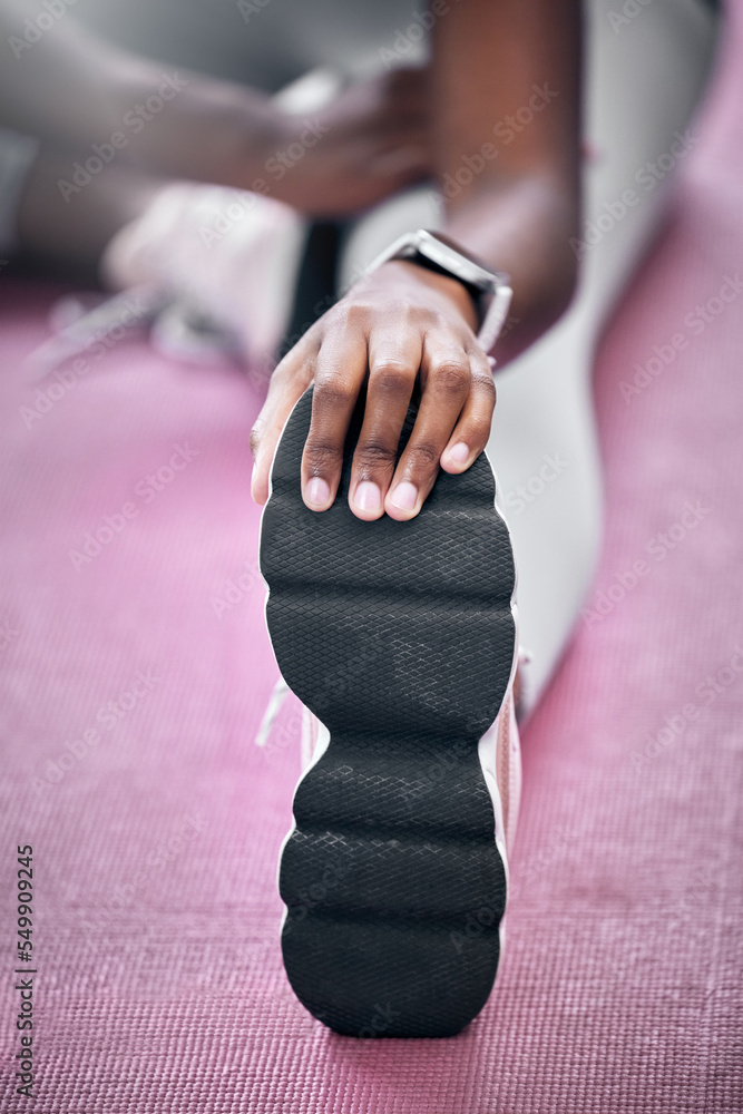 Canvas Prints Wellness, hand or black woman stretching leg in gym for health workout, sports fitness or cardio exercise. Zoom, closeup or athlete girl shoes for warm up, running training or marathon motivation