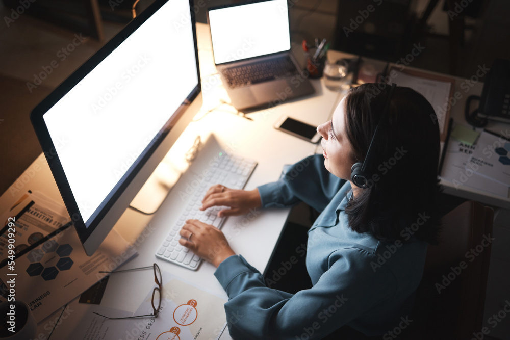 Poster blank screen, computer and desk writing with mockup of a laptop monitor and woman coding. working, p