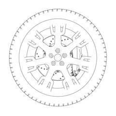 Outline of a car wheel from black lines isolated on a white background. Side view. 3D. vector illustration.