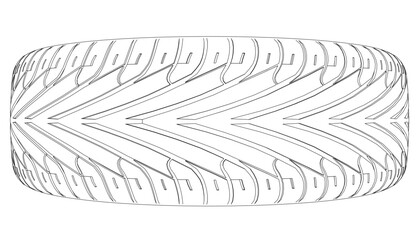 Outline of a car tire from black lines isolated on a white background. View above. 3D. Vector illustration.