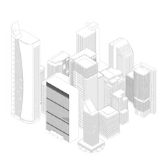 The outline of many multi-storey buildings from black lines isolated on a white background. Outline of the city quarter. Isometric view. 3D. Vector illustration.