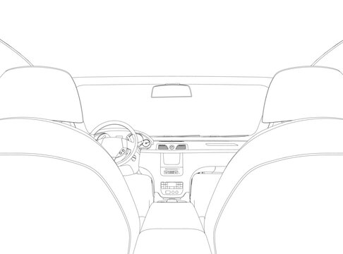 The contour of the car interior inside from black lines isolated on a white background. View from the back seat. 3D. Vector illustration.