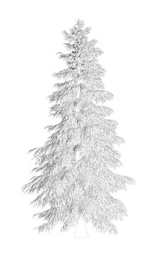 Outline of a detailed Christmas tree from black lines isolated on a white background. 3D. Vector illustration.