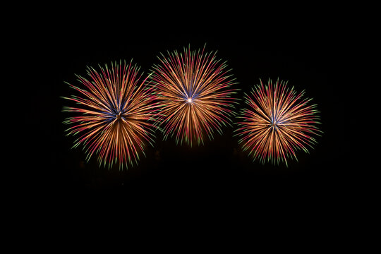 Isolated on black sky background. Isolated firework ready to use for decoration in any photograph ,poster, backdrop to celebrate the festival, Christmas,  New year and any events.