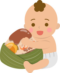 Baby boy and Chinese traditional food for Dragon Boat Festival: Zongzi, glutinous rice food wrapped in bamboo leaves