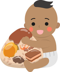 Baby boy and Chinese traditional food for Dragon Boat Festival: Zongzi, glutinous rice food wrapped in bamboo leaves