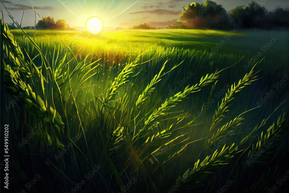 Aufkleber a painting of a grassy field with the sun setting in the background and clouds in the sky above it. 
