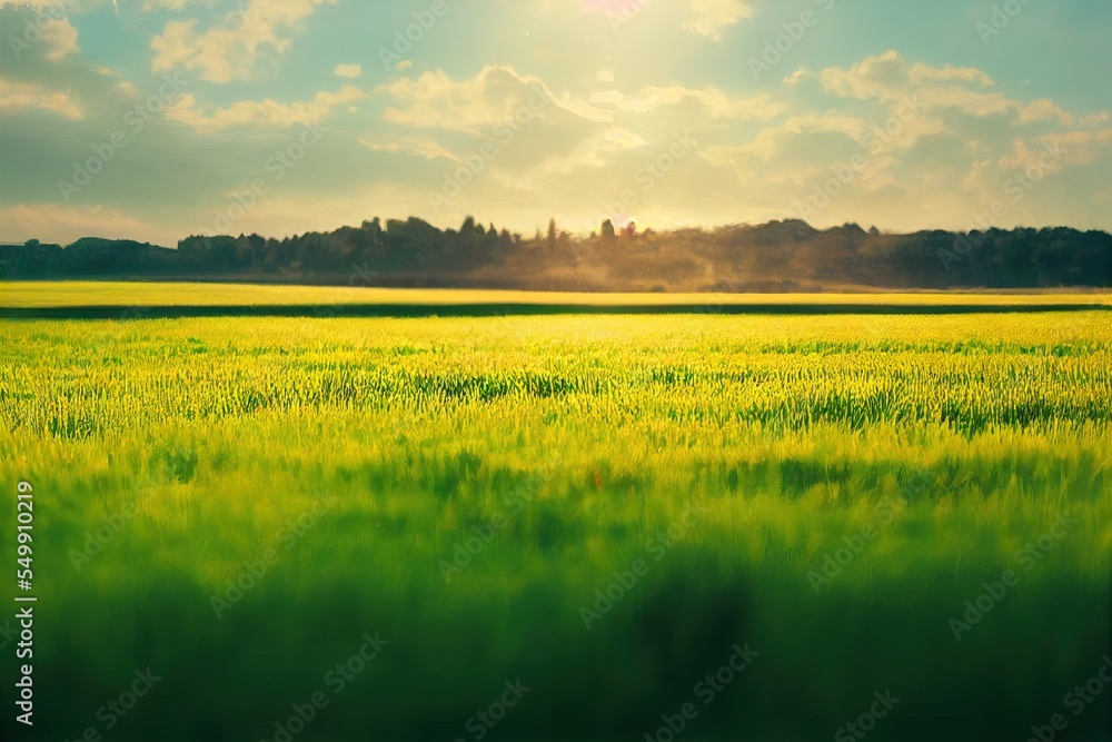 Poster a field of green grass with the sun shining through the clouds in the background and a blue sky with