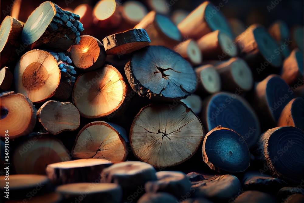 Poster a pile of cut logs sitting next to each other on a table top with a candle in the middle. generative