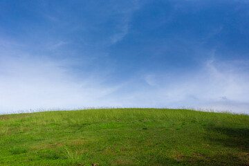 Green meadows with blue sky and clouds background..Landscape view of green grass on a slope with blue sky and clouds background.