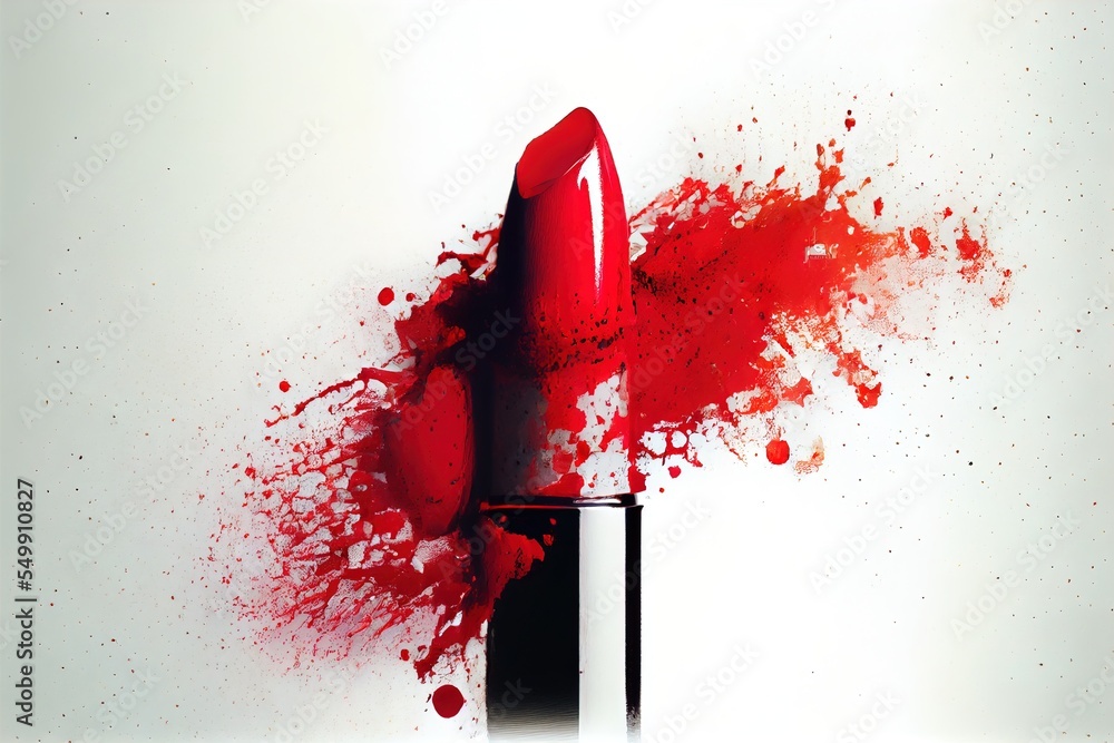 Poster a red lipstick with a splash of paint on it's side and a white background behind it. generative ai