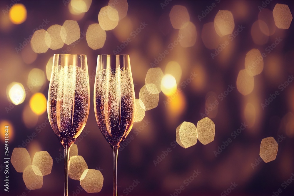 Poster two champagne flutes are sitting on a table with a blurry background of lights in the background and