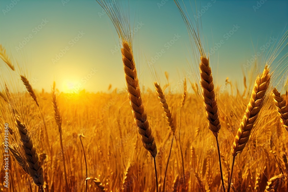 Aufkleber a field of wheat with the sun setting in the background and a blue sky with clouds and a few clouds.