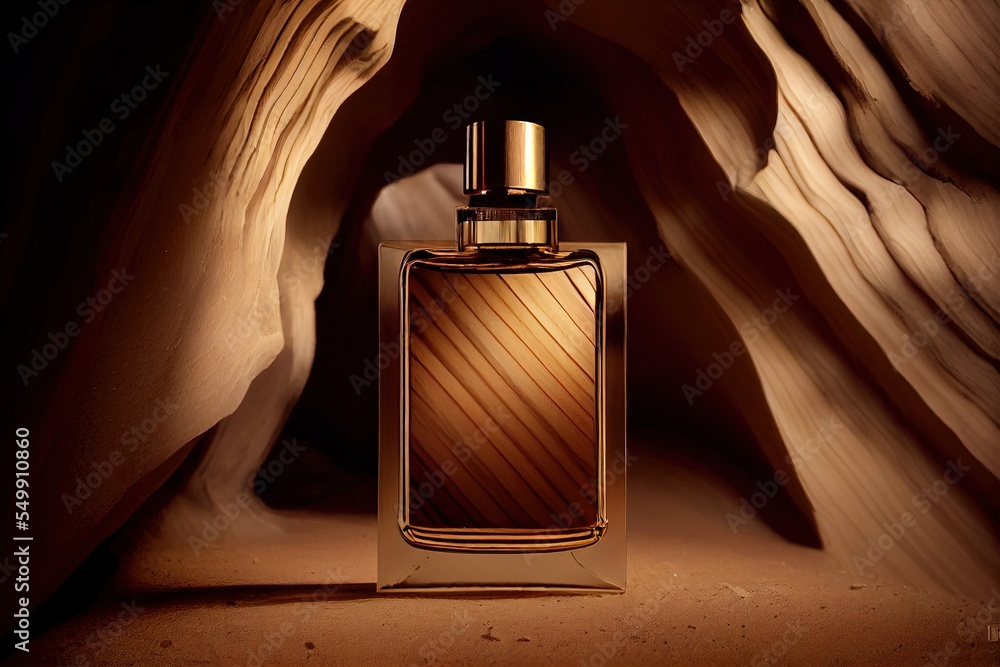Poster a bottle of perfume sitting in a cave like area with a light shining on it's side and a rock formati
