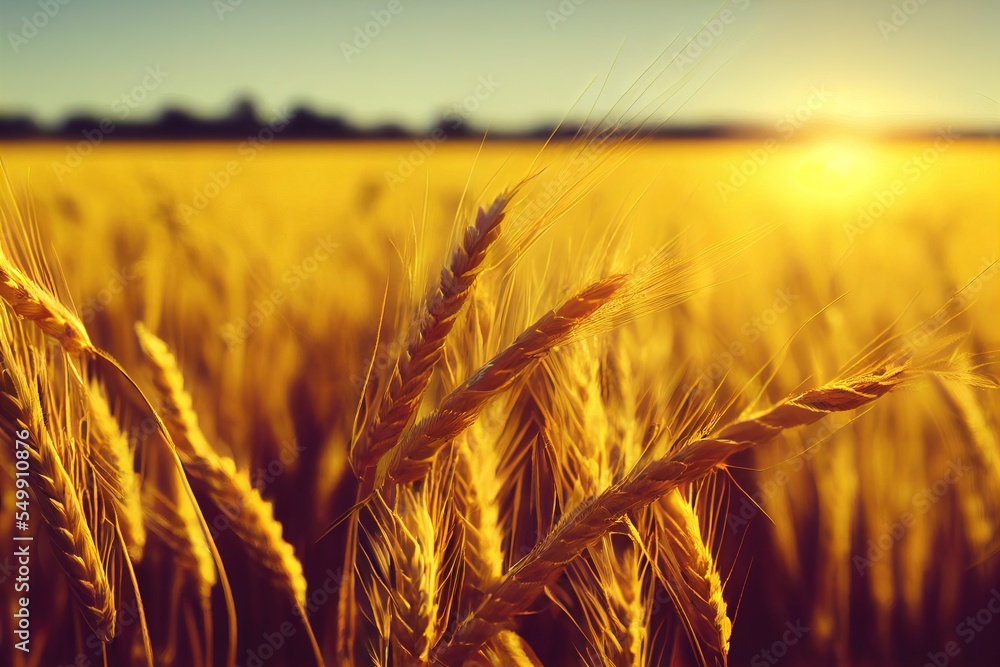 Aufkleber a field of wheat with the sun shining in the background and a blue sky with clouds and trees in the 