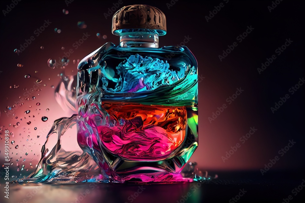 Poster a colorful bottle of liquid with a splash of water on it's side and a black background behind it. ge