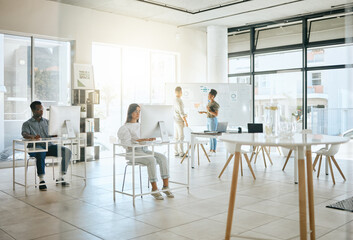 Office, coworking and startup for workers, diversity or focus for digital marketing in New York. Modern office, employee group or team with computer, strategy, or planning in coworking space together