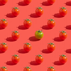 Seamless pattern with fresh cherry tomatoes on red background.