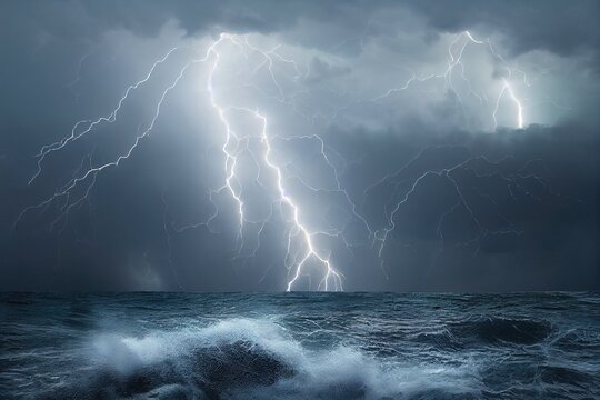  a storm is coming over the ocean with a boat in the water and a lot of lightning in the sky.