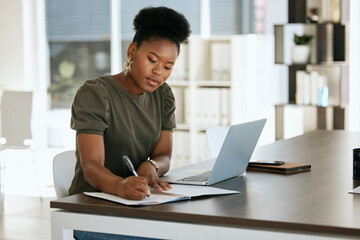 Corporate black woman, notebook and writing in planning, schedule or strategy for job as...