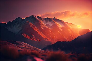 een bergketen met een zonsondergang op de achtergrond en wolken in de lucht erboven.