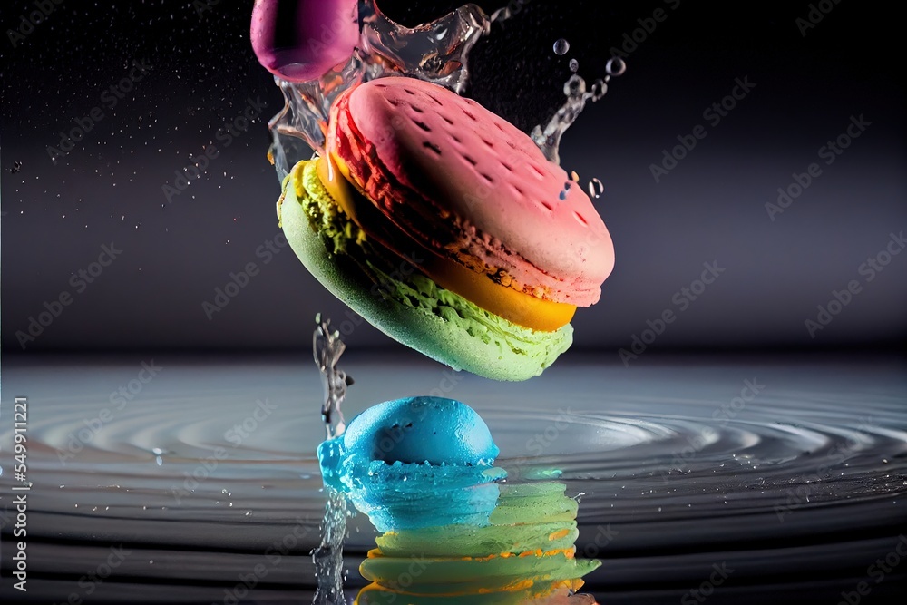 Poster a macaroon falling into a puddle of water with a splash of water on it and a few other macaroons. ge