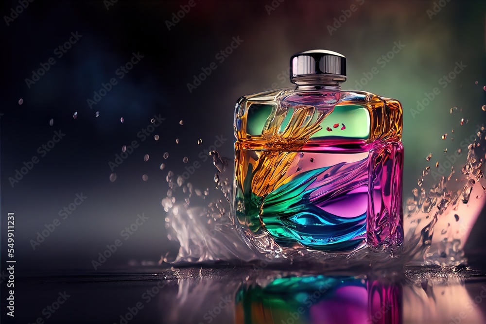 Poster a colorful bottle of perfume with water splashing around it on a reflective surface with a black bac
