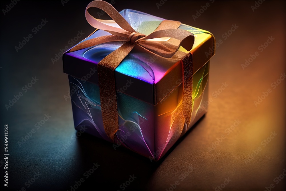 Poster a colorful box with a bow on a table top with a light shining on it and a brown ribbon. generative a