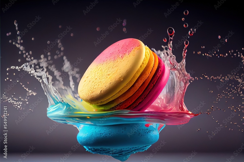 Poster a colorful macaron splashing out of the water into the air with a splash of water on it. generative 